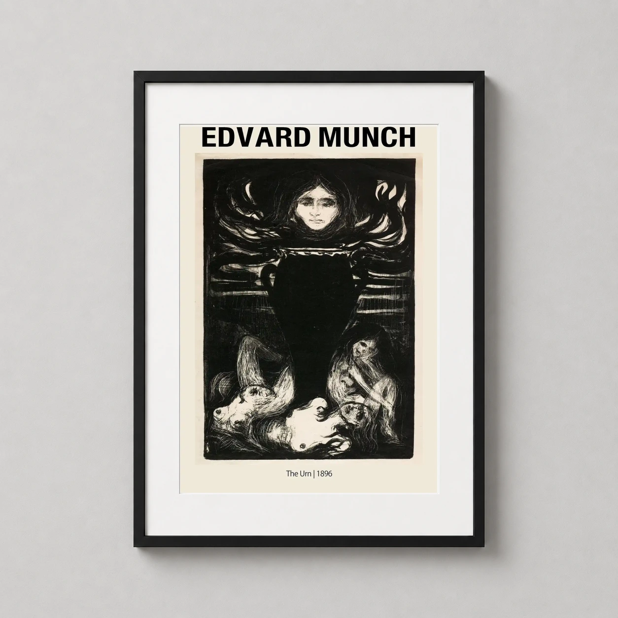Edvard Munch Urn 1896 — haunting 1896 black and white Edvard Munch lithograph featuring a