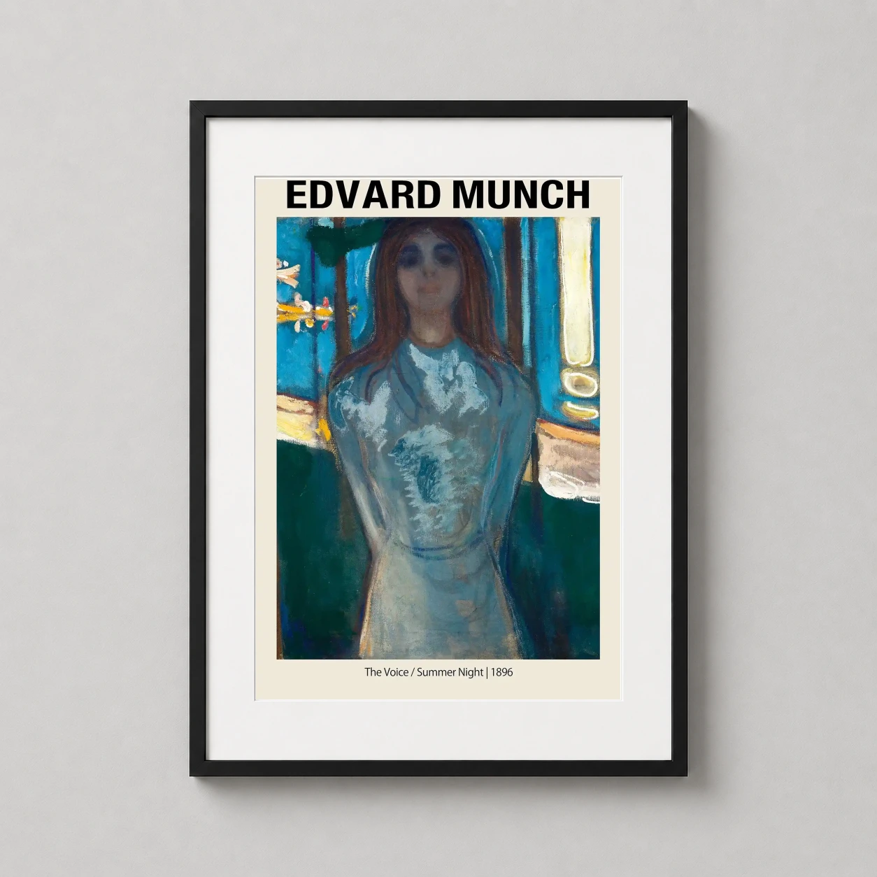 Edvard Munch Voice Summer — woman in a pale blue dress stands before a shimmering moonlit shoreline