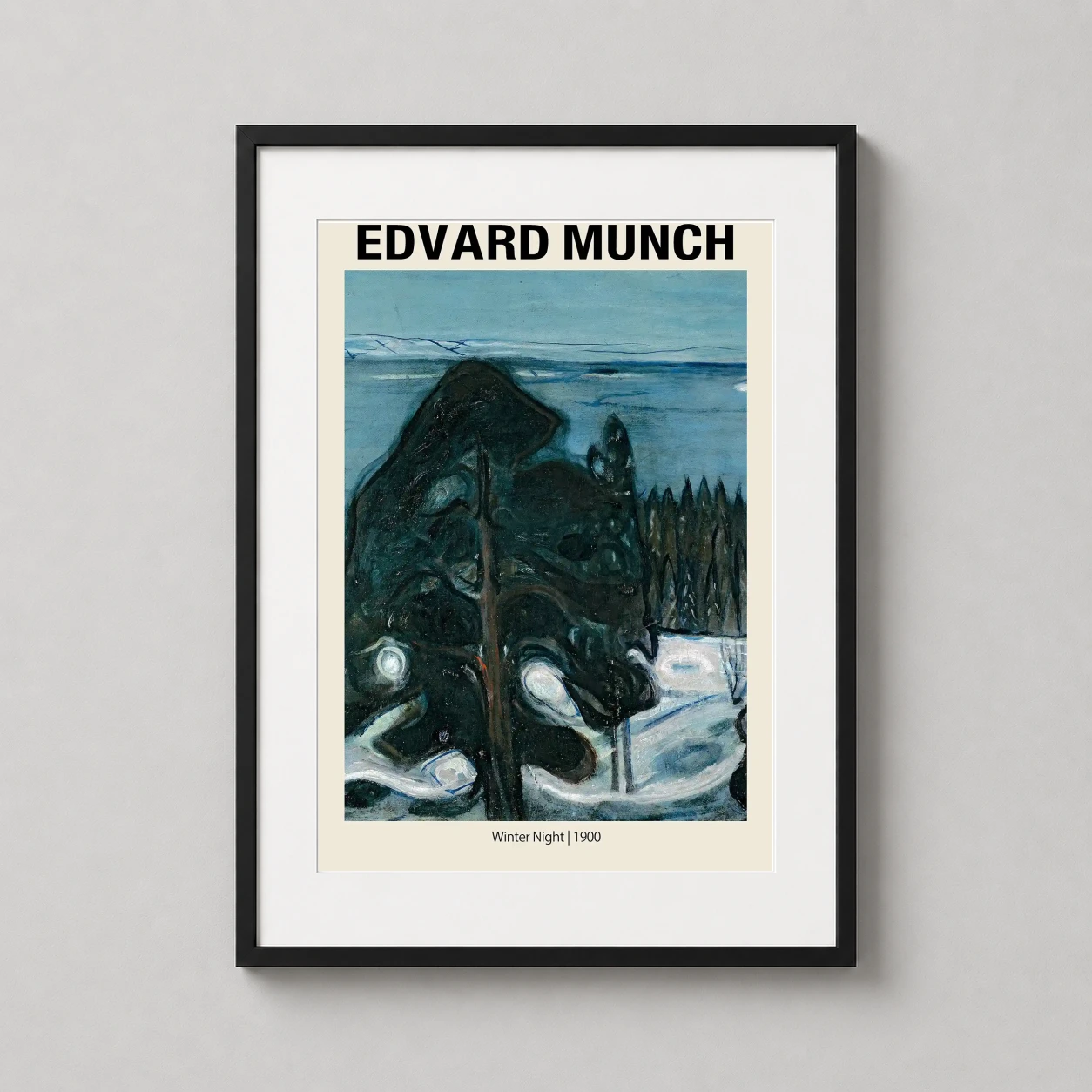 Edvard Munch Winter Night — melancholic winter landscape featuring stylized dark pine trees against