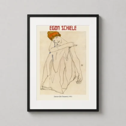Egon Schiele Dancer (die — seated figure with a vibrant red headband captured in Schiele's