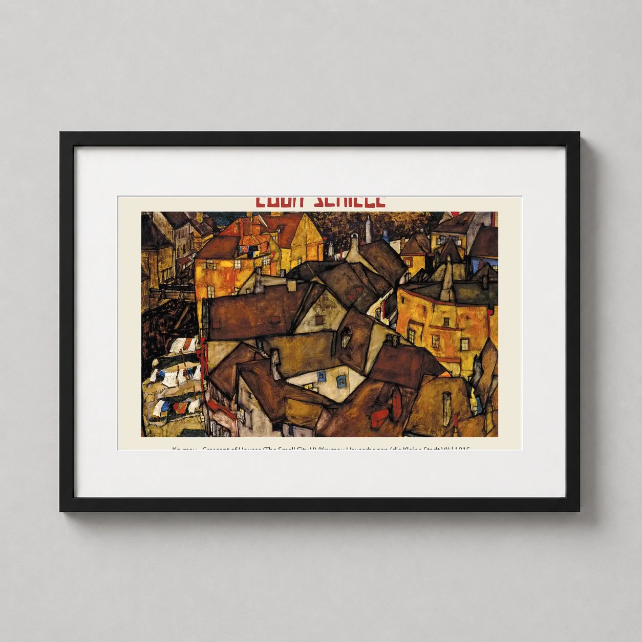 Egon Schiele Krumau Crescent — dense composition of ochre and brown houses in Český Krumlov, featuring
