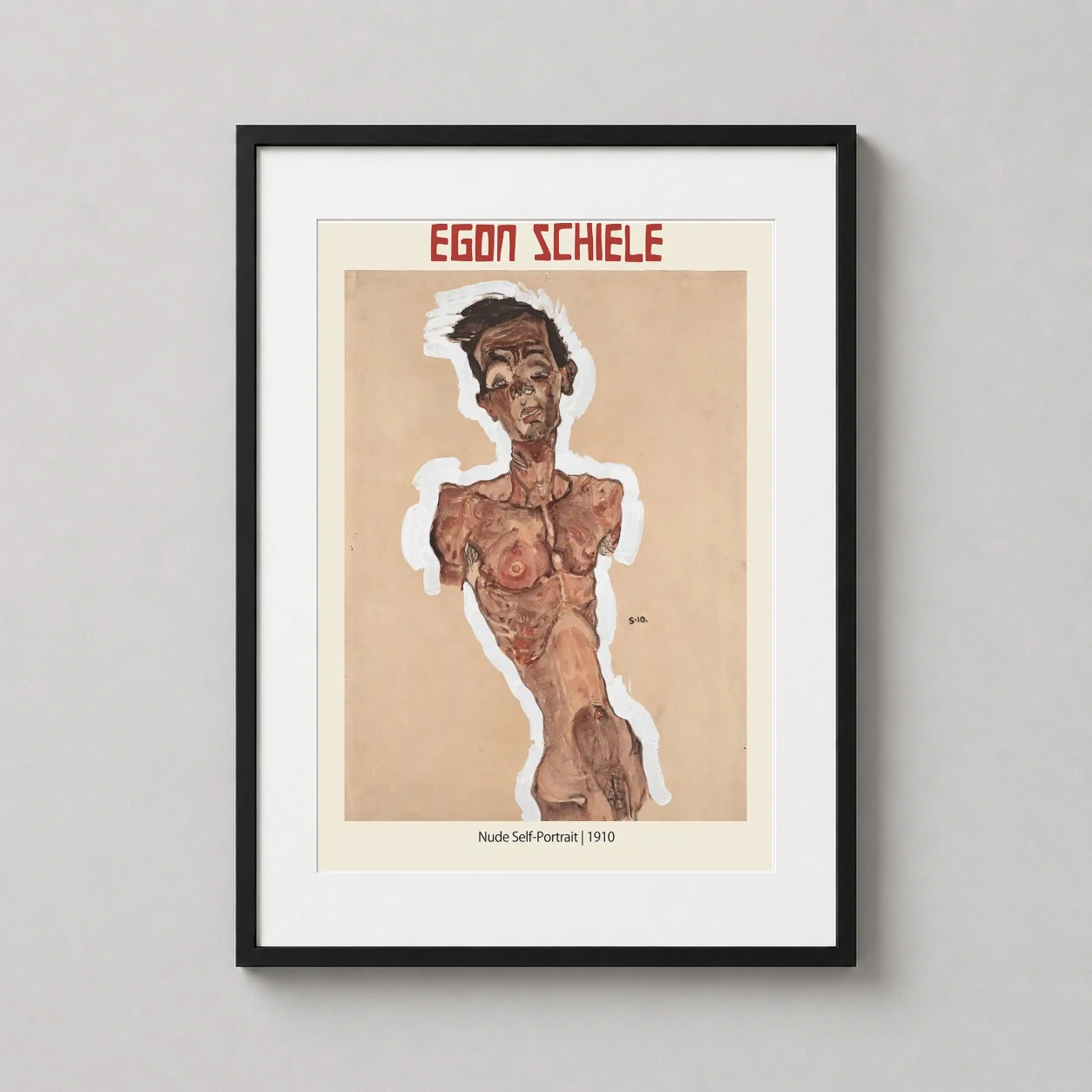 Egon Schiele Nude Self — intense 1910 expressionist nude self-portrait by Egon Schiele featuring