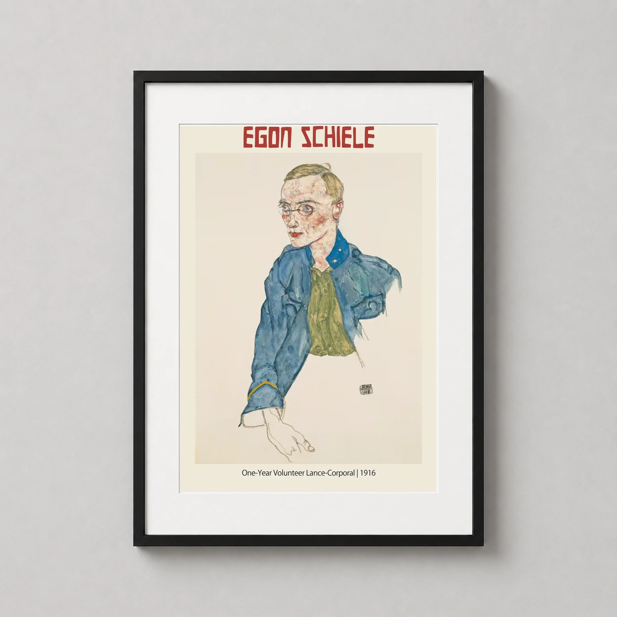 Egon Schiele Portrait One-year — expressionist portrait of a uniformed soldier in blue and green tones