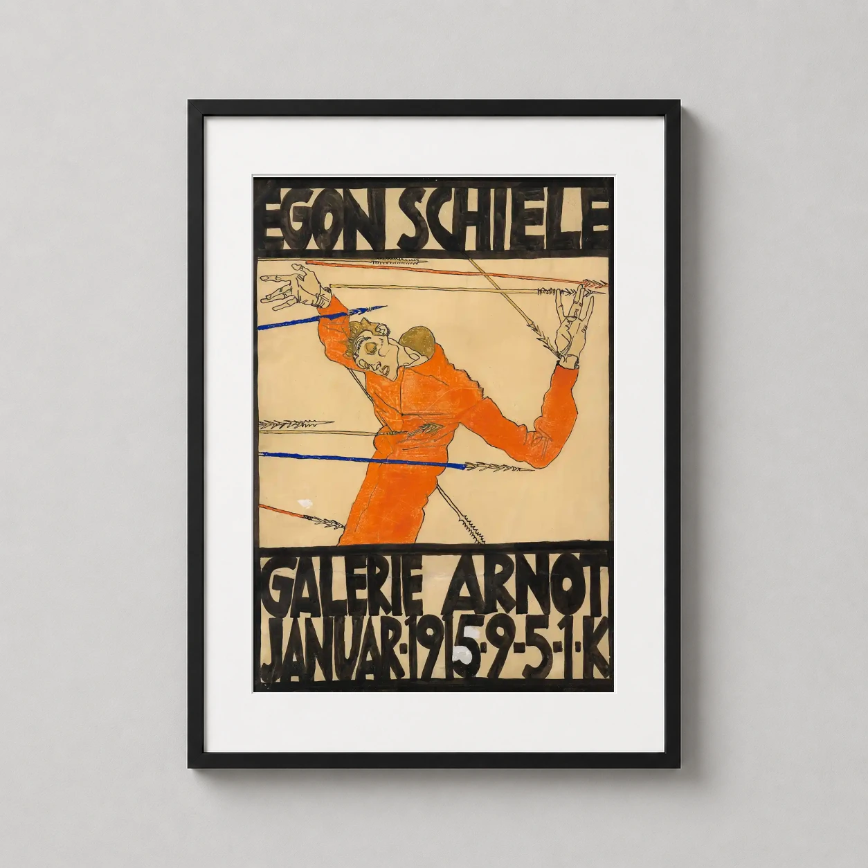 Egon Schiele Galerie Arnot — intense 1915 exhibition poster by Egon Schiele featuring a figure in