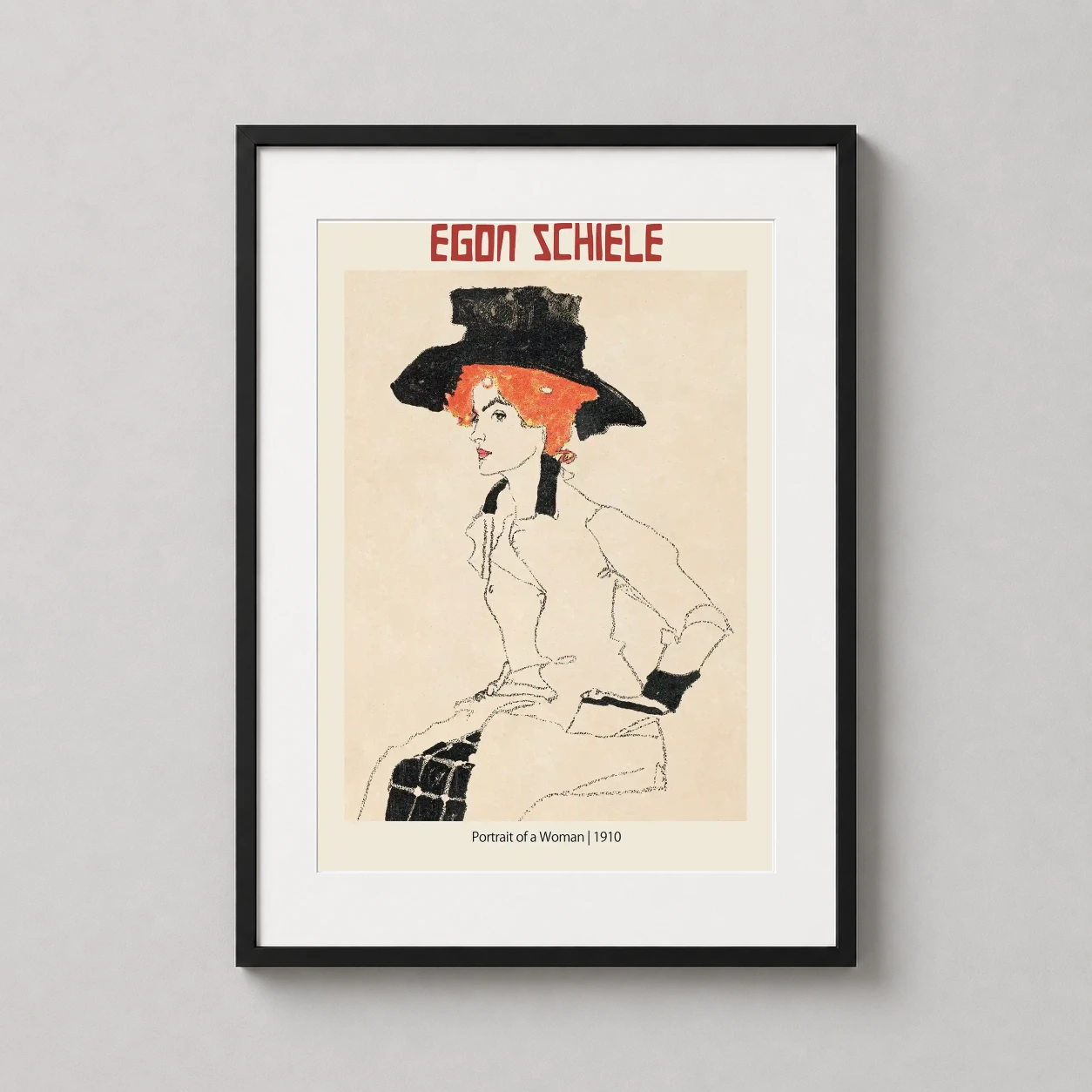 Egon Schiele Portrait Woman — 1910 expressionist sketch featuring a woman with fiery orange hair and