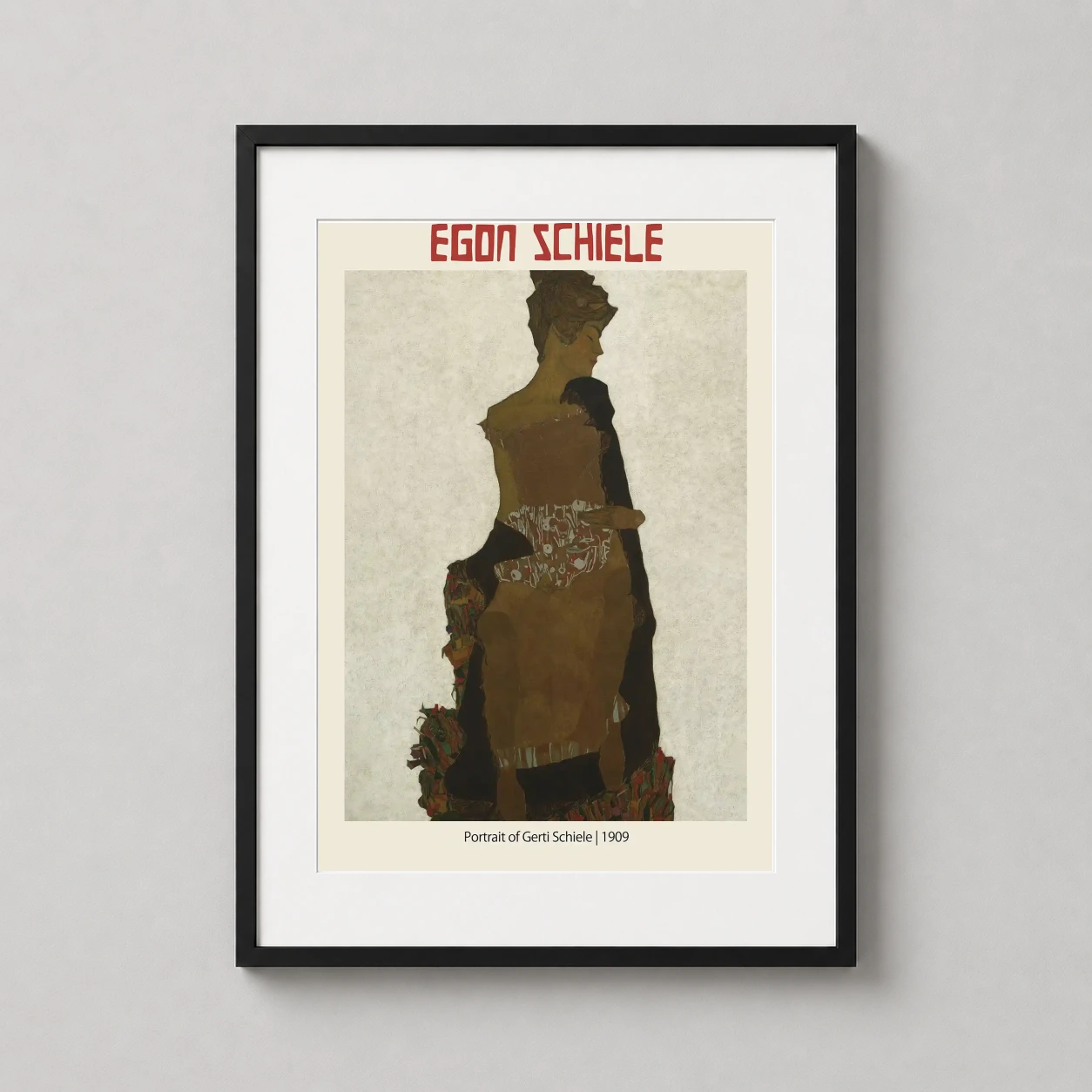 Egon Schiele Portrait Gerti — this 1909 expressionist portrait features Gerti Schiele in a decorative