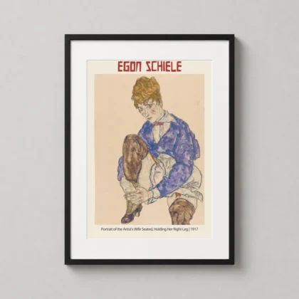 Egon Schiele Portrait Artist's — 1917 expressionist portrait of Edith Schiele seated in a blue jacket