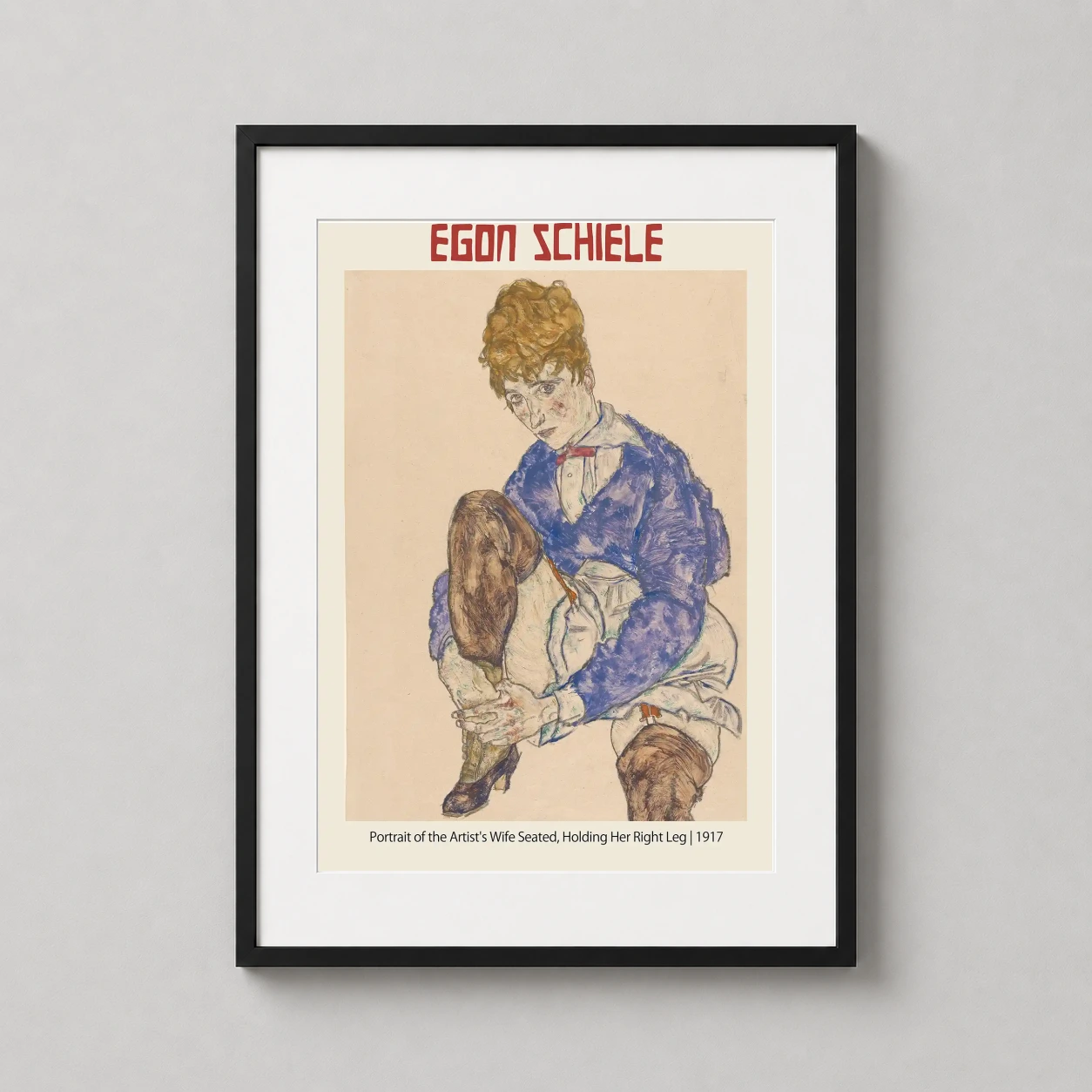 Egon Schiele Portrait Artist's — 1917 expressionist portrait of Edith Schiele seated in a blue jacket