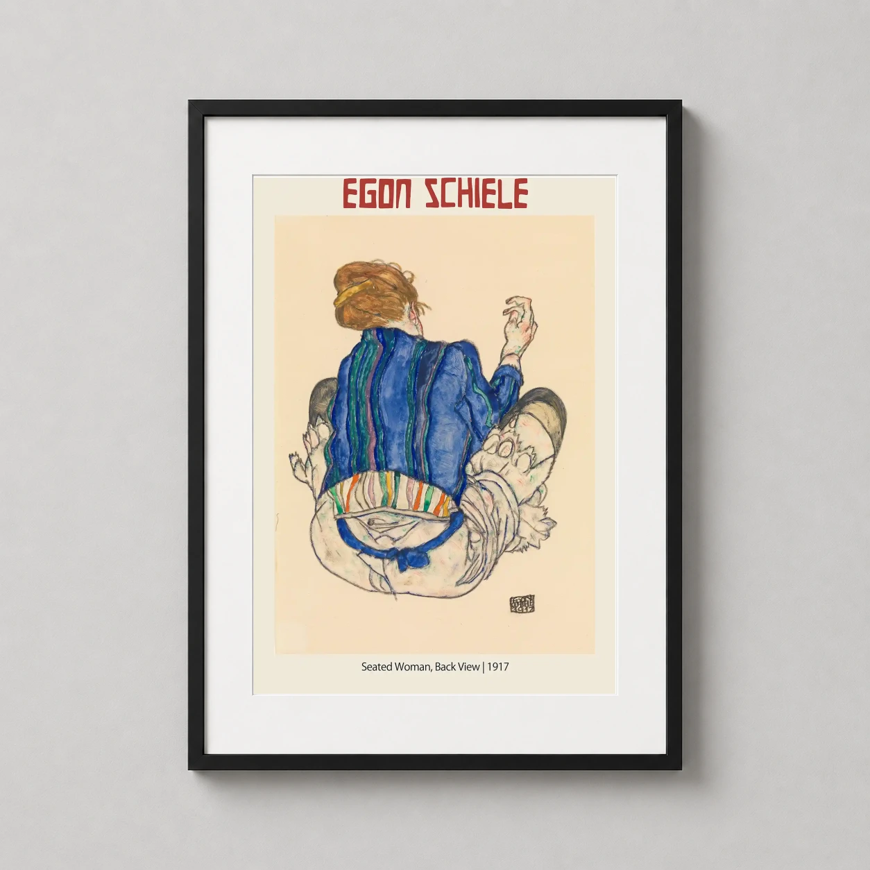 Egon Schiele Seated Woman — seated woman viewed from behind, featuring Schiele's signature jagged
