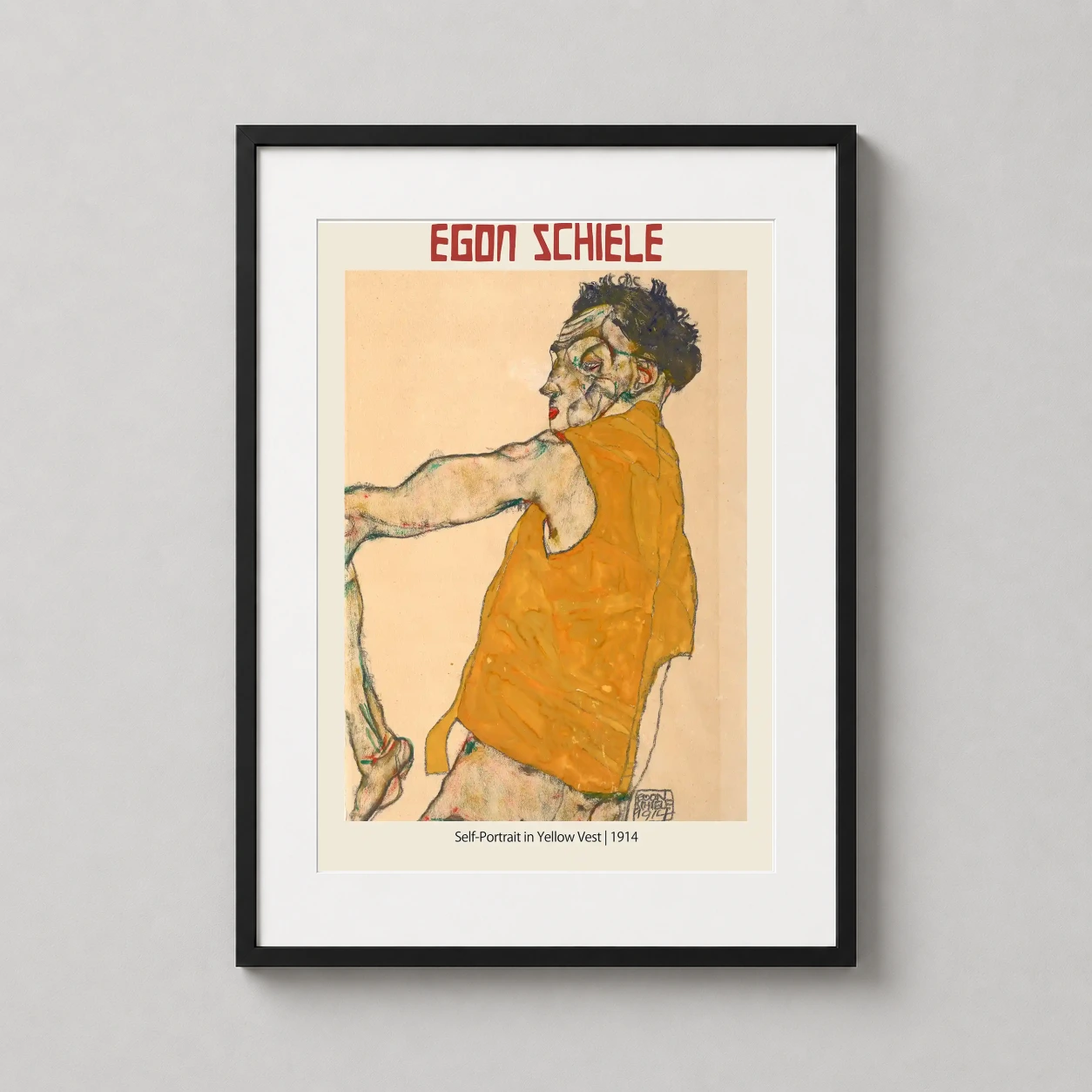 Egon Schiele Self-portrait Yellow — raw 1914 Egon Schiele self-portrait featuring an intense gaze