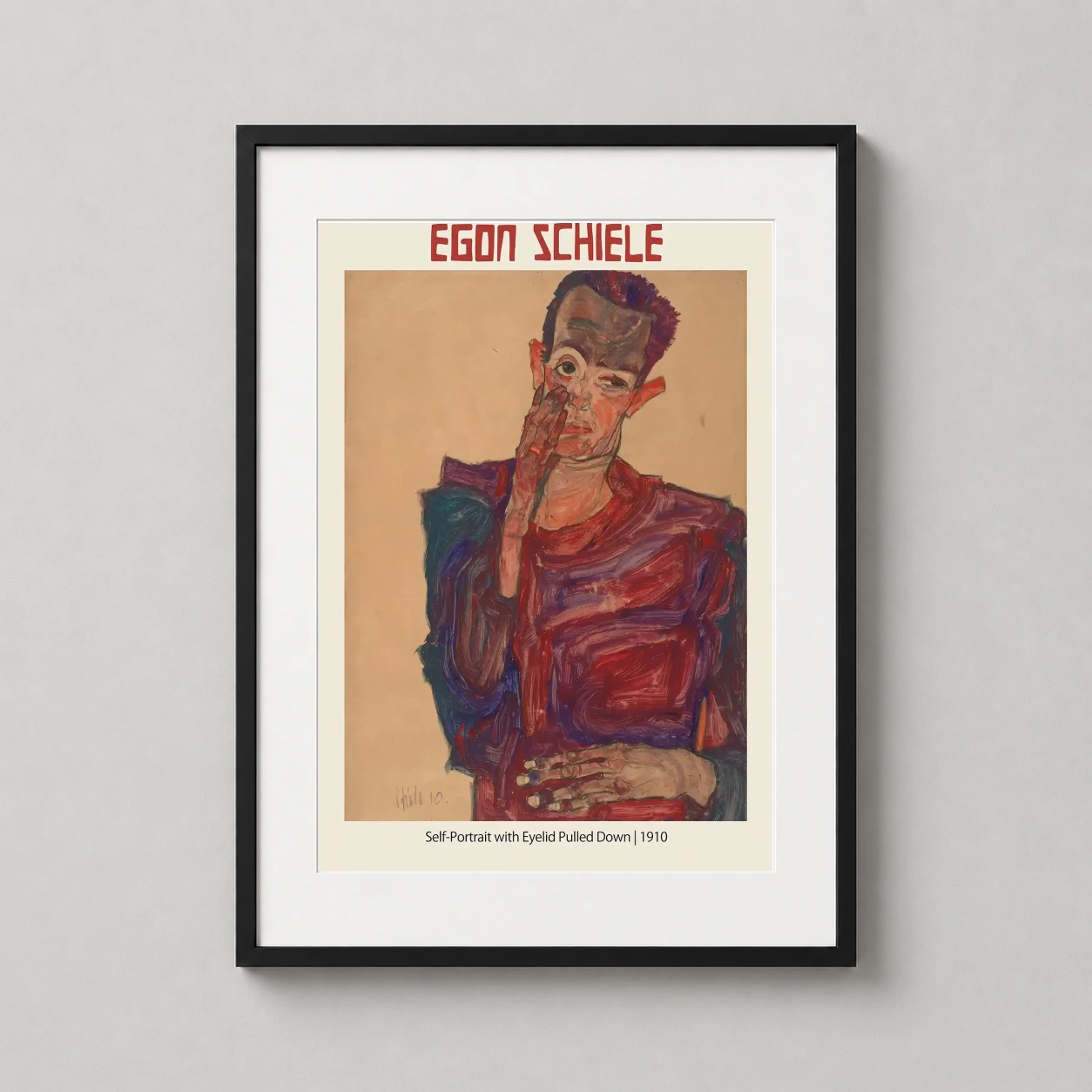 Egon Schiele Self-portrait Eyelid — stark 1910 expressionist self-portrait by Egon Schiele featuring