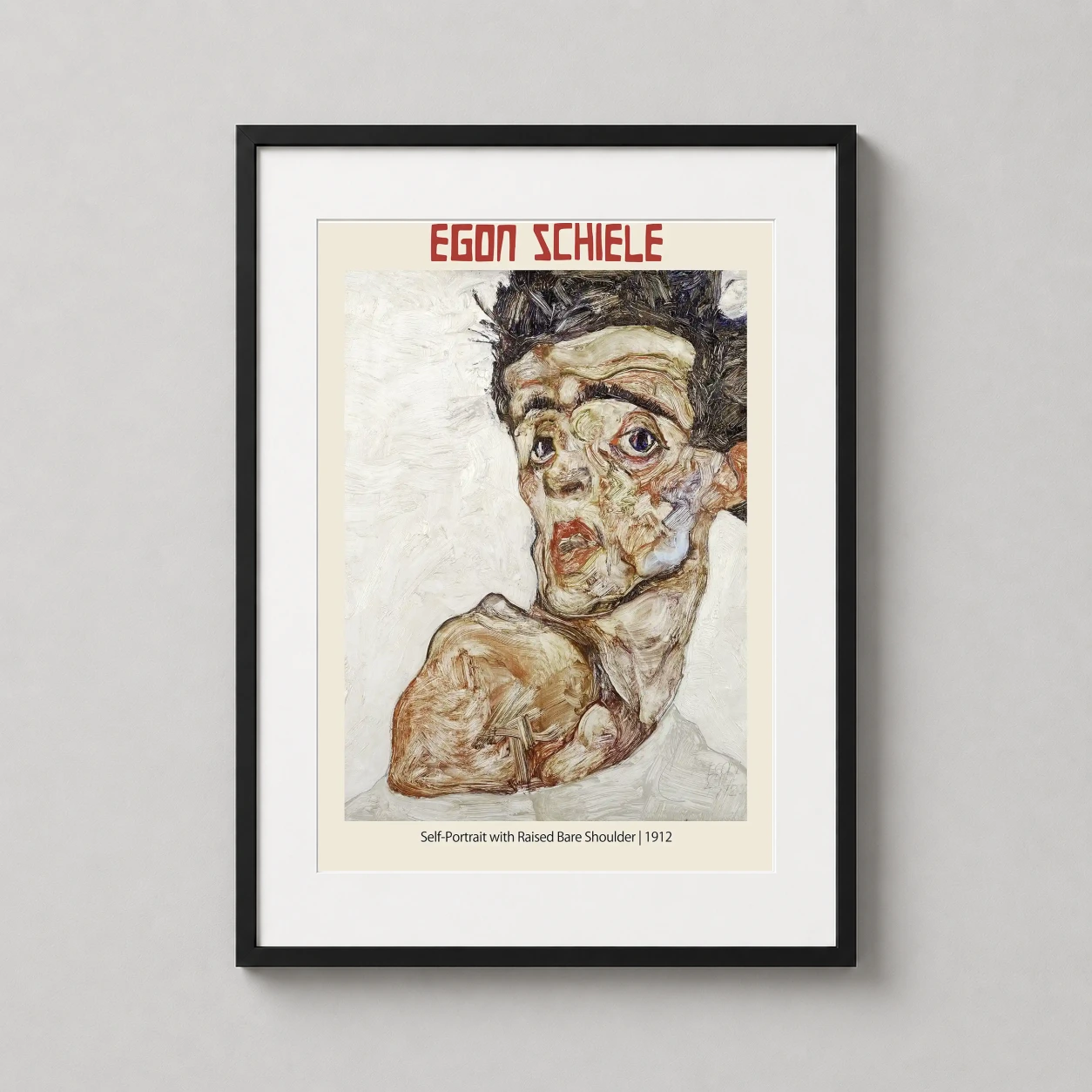 Egon Schiele Self-portrait Raised — intense 1912 expressionist self-portrait by Egon Schiele featuring raw
