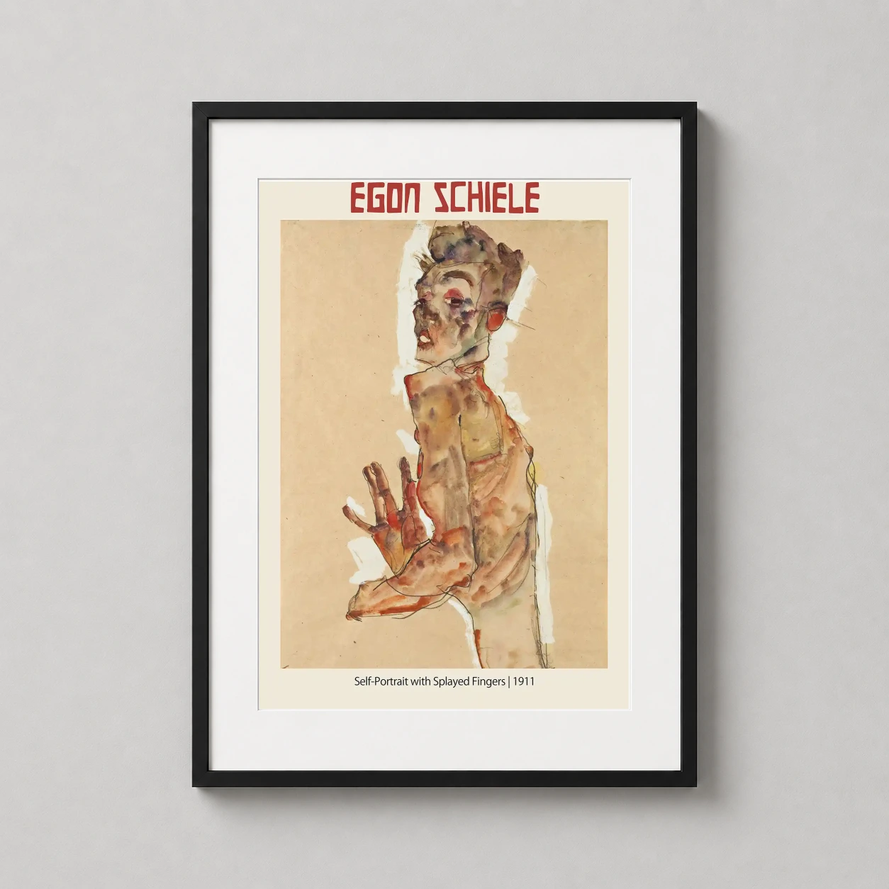 Egon Schiele Self-portrait Splayed — features the raw, angular intensity of Schiele’s 1911 masterpiece