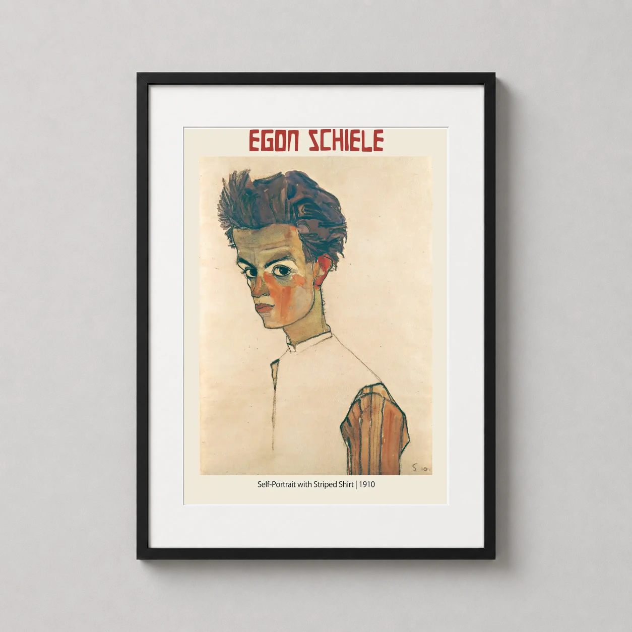 Egon Schiele Self-portrait Striped — striking 1910 expressionist self-portrait by Egon Schiele featuring