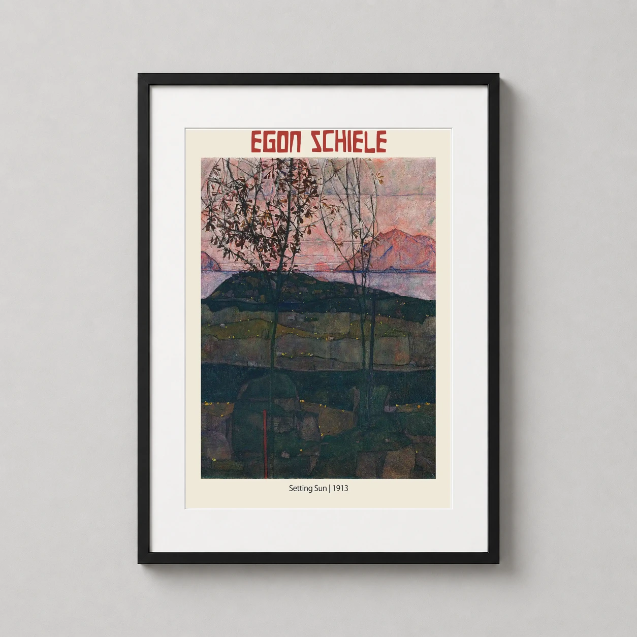 Egon Schiele Setting Sun — evocative expressionist landscape featuring spindly trees against a