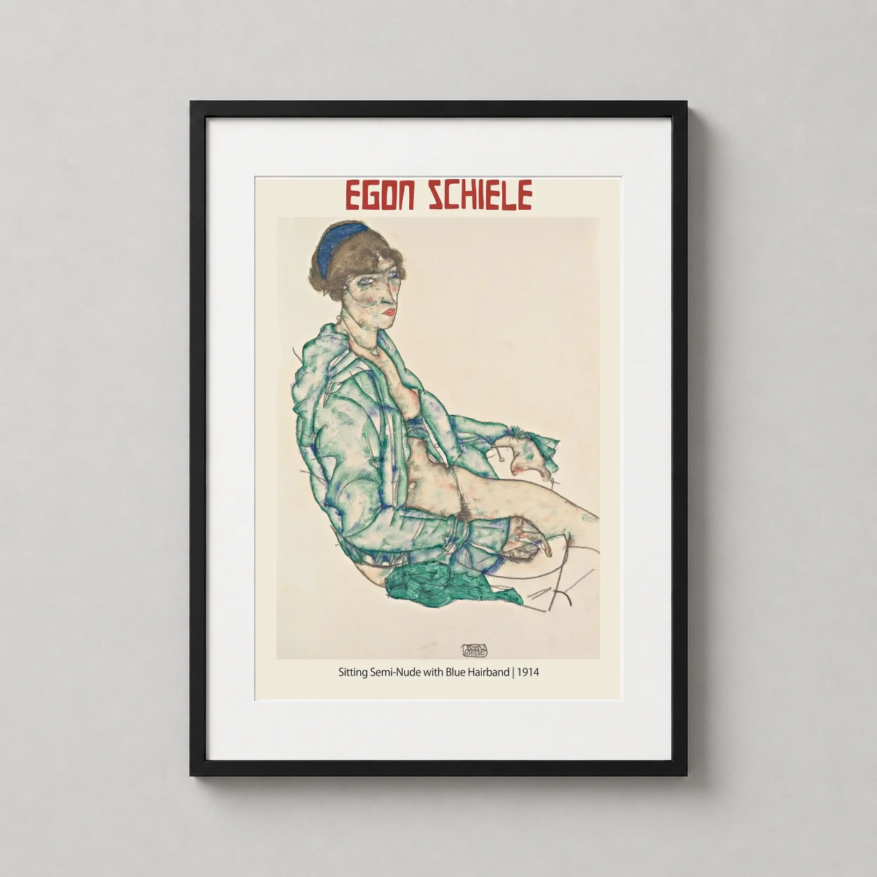 Egon Schiele Sitting Semi — detailed Expressionist study from 1914 featuring a semi-nude figure