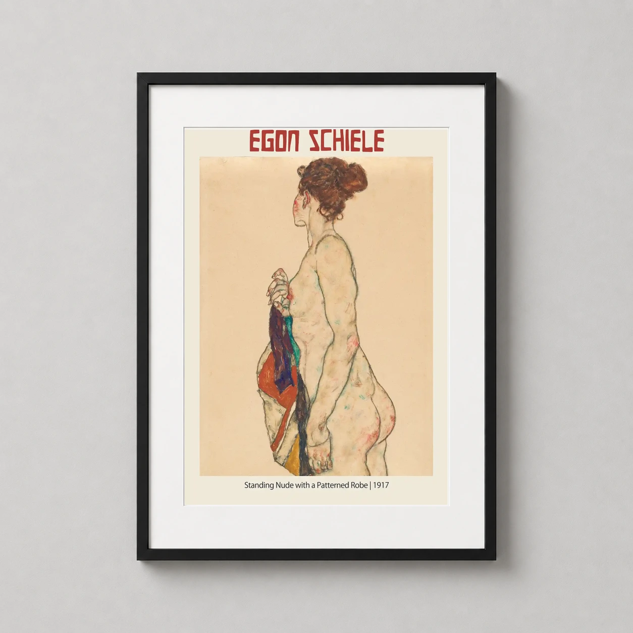 Egon Schiele Standing Nude — raw Expressionist study of a female figure in profile holding a vibrant