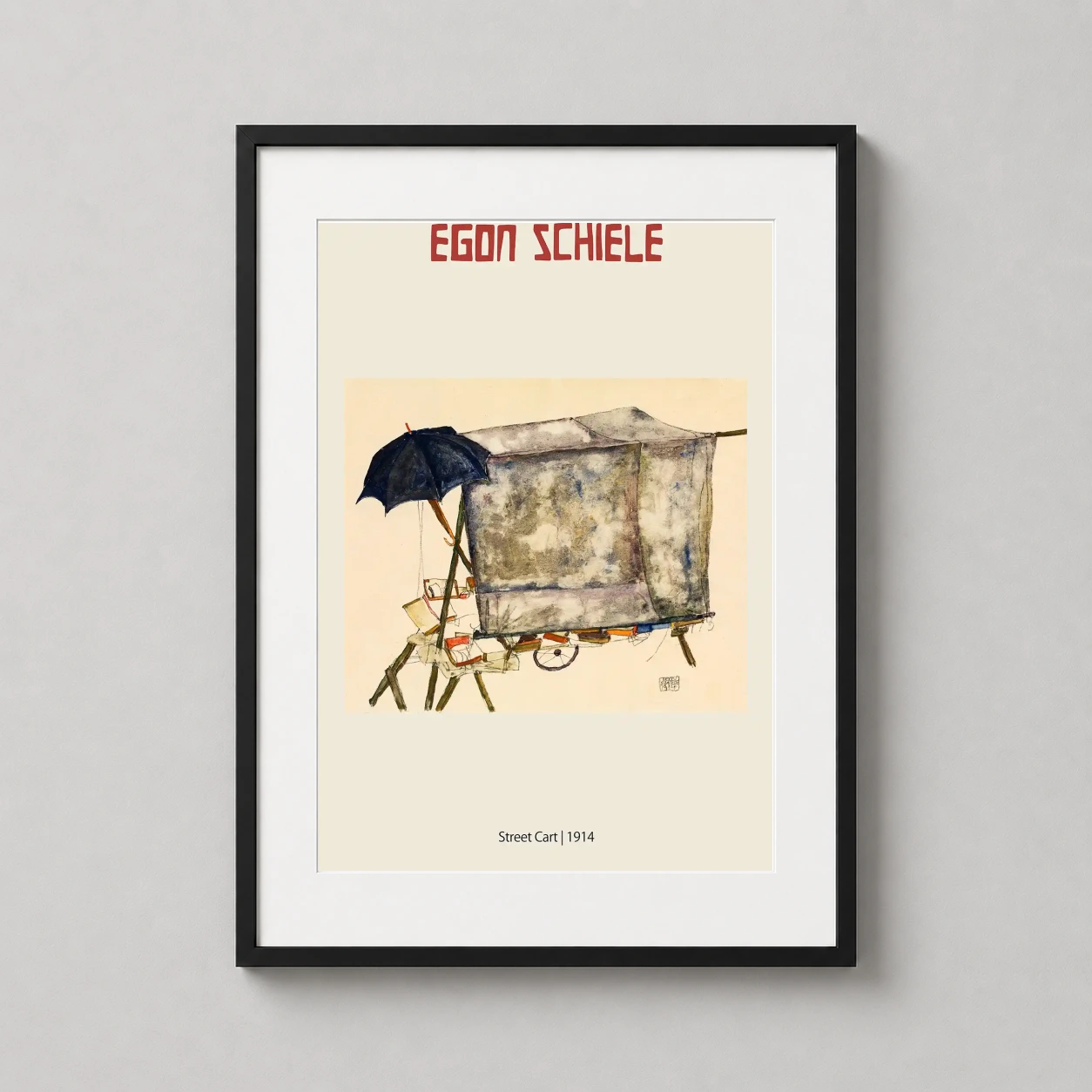 Egon Schiele Street Cart — authentic 1914 Egon Schiele watercolor featuring a street cart and
