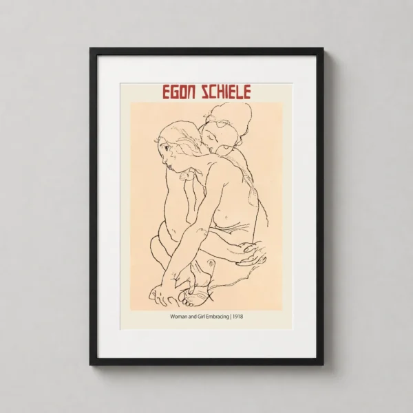 Egon Schiele Woman and Girl Embracing, Expressionist Wall Art Print