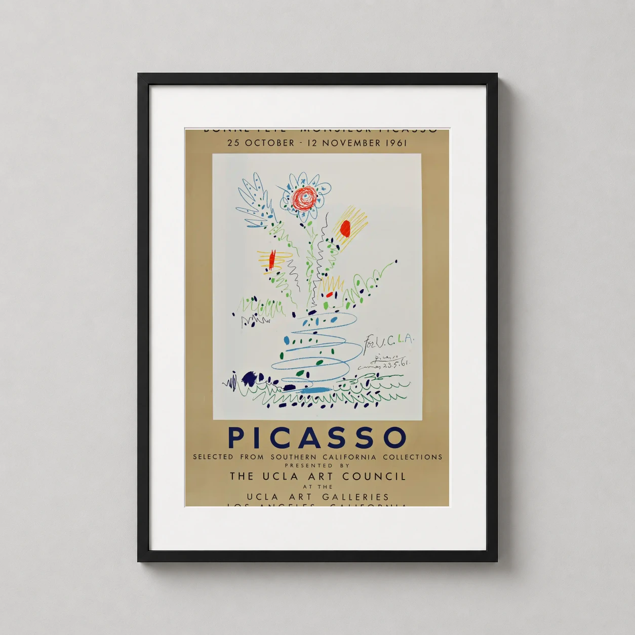 Pablo Picasso Bonne Fete — playful floral sketch by Pablo Picasso featured on the 1961 UCLA Art