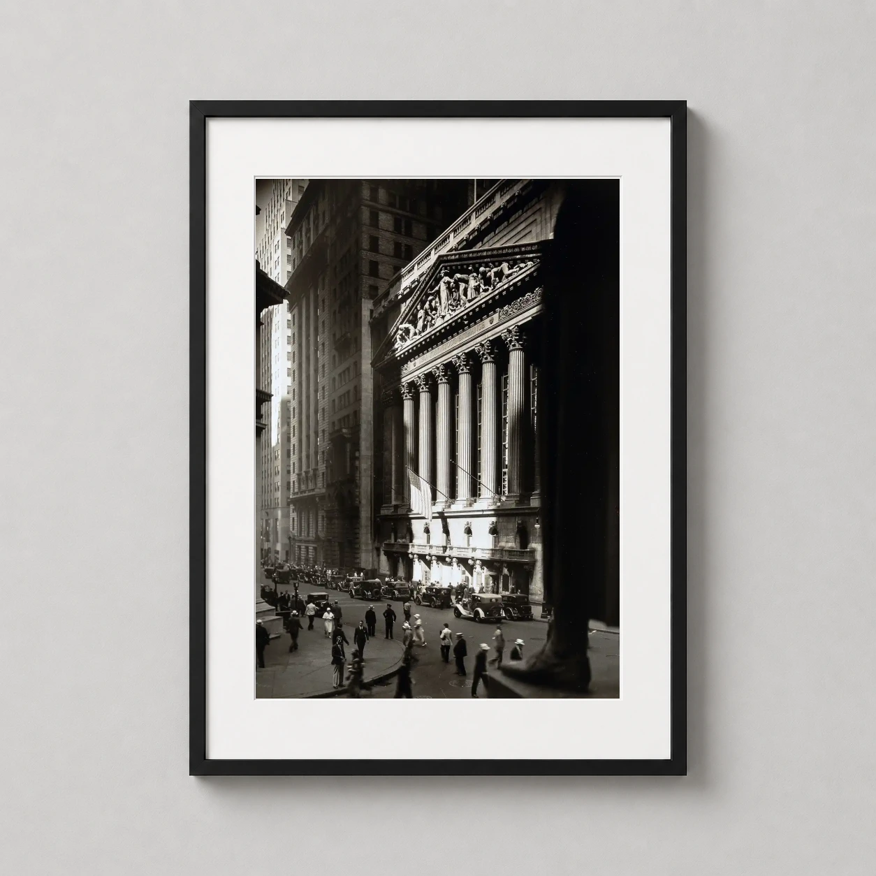 Room mockup of Berenice Abbott New York Stock Exchange 1934 Photography Print, displayed as framed wall art in a office setting as a portrait print with black and white tones.
