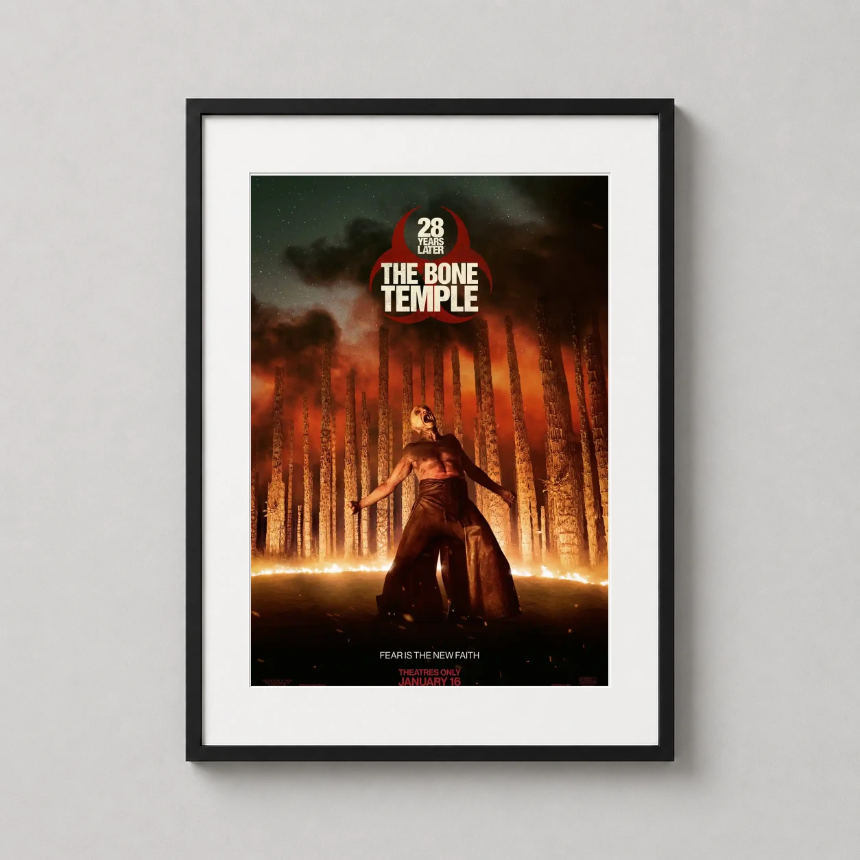 28 Years Later the Bone — terrifying rage-infected figure screams amidst towering pillars of bone
