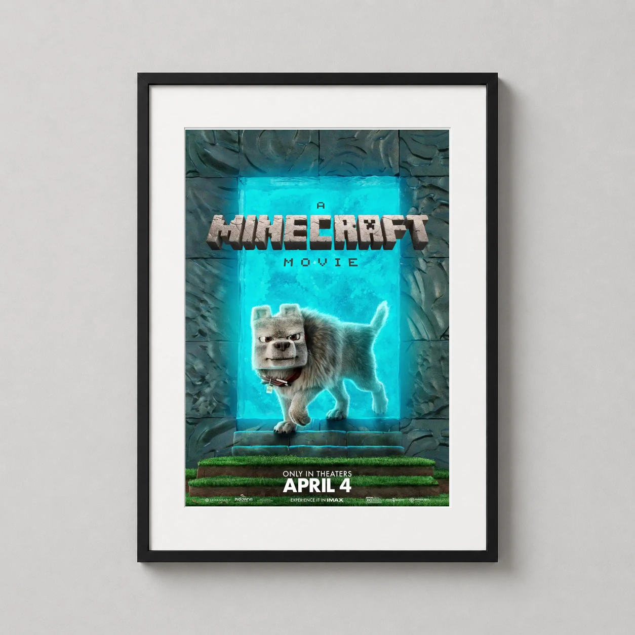 Minecraft Movie Wolf Character — stylized CGI Minecraft wolf named Dennis steps through a glowing teal