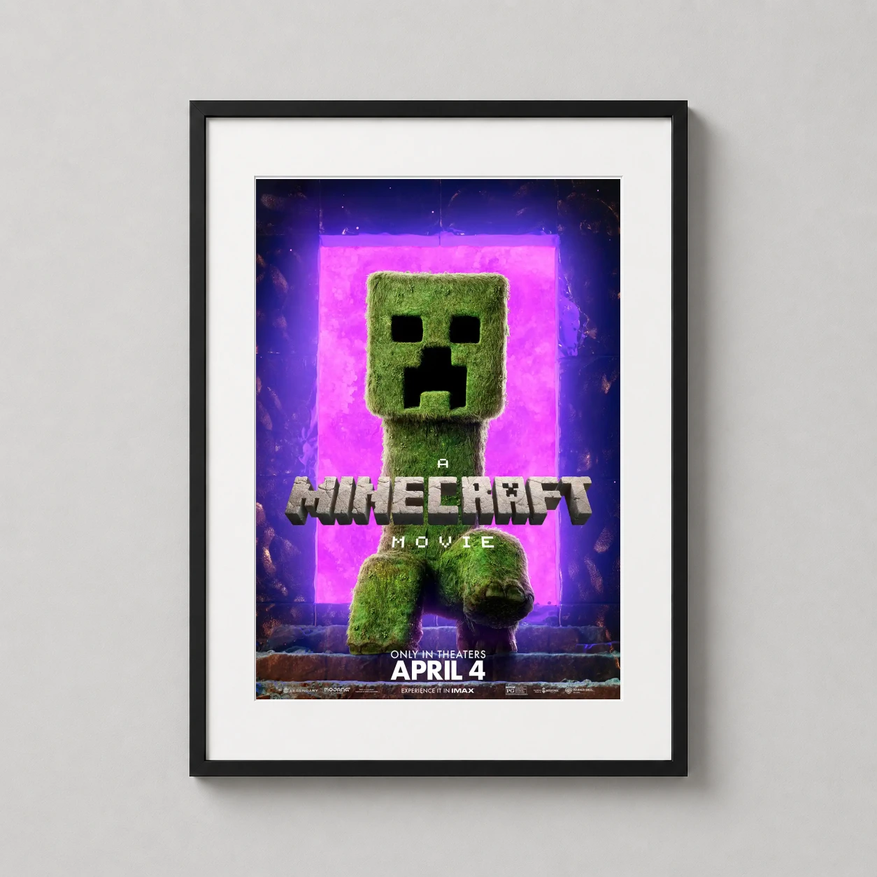 Minecraft Movie Creeper Nether — photorealistic green mossy Creeper stands before a glowing purple