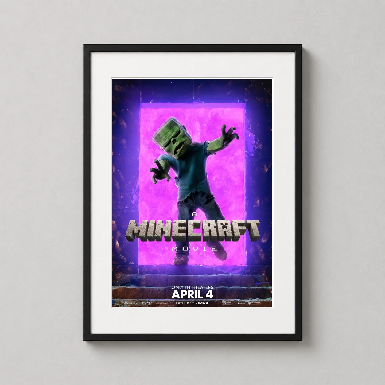 A Minecraft — blocky green zombie lunges forward from a glowing purple Nether portal