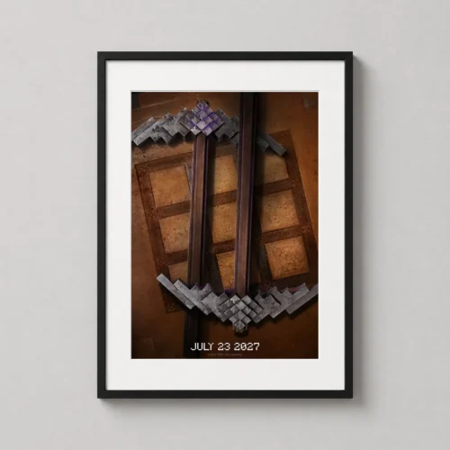 A Minecraft Movie Teaser Pickaxe and Sword Block Movie Poster