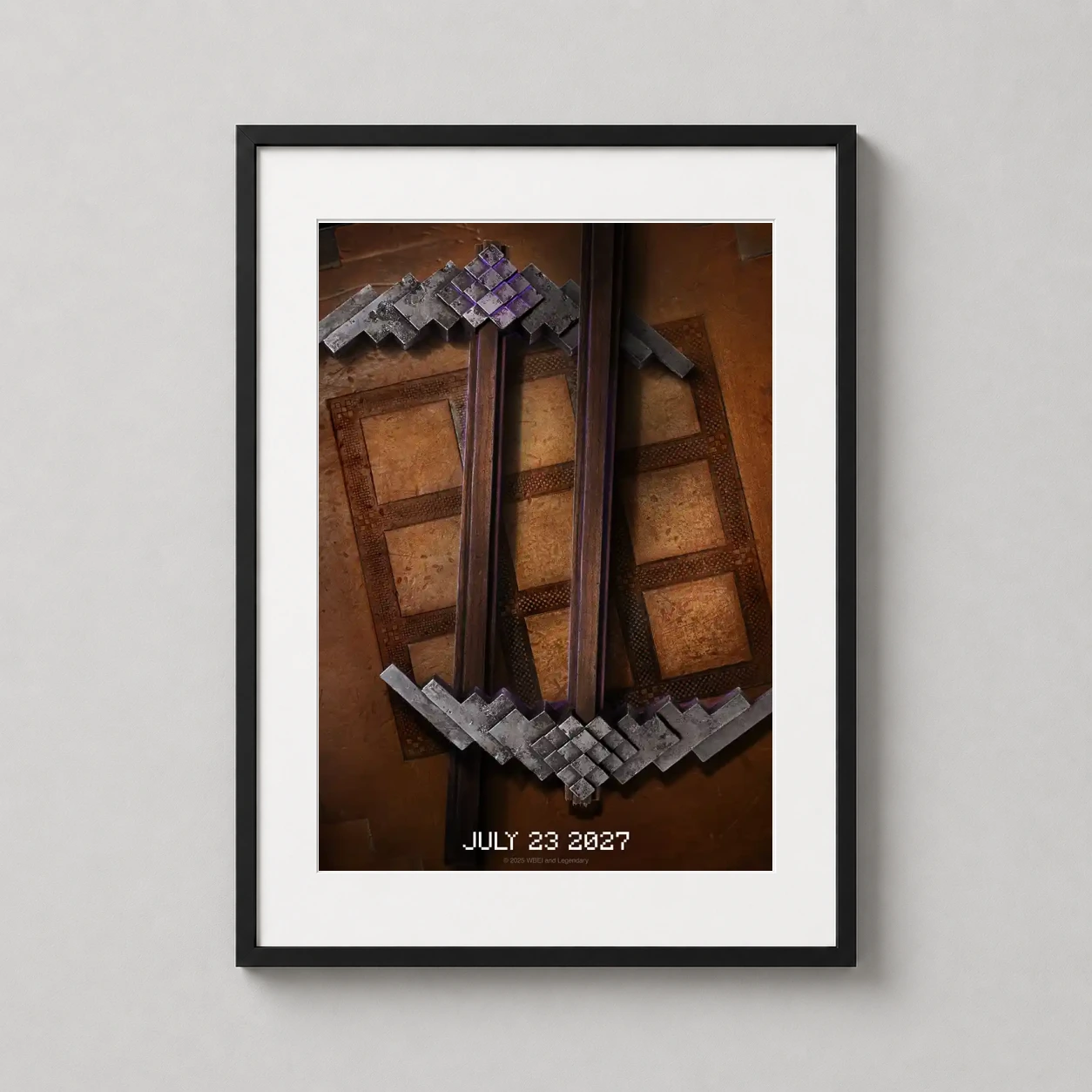 Minecraft Movie Teaser Pickaxe — realistic high-detail rendering of a pixelated pickaxe and sword from