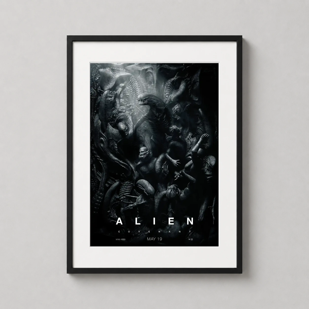 Alien Covenant Biomechanical Xenomorph — dark, monochromatic movie poster for Alien Covenant featuring a dense