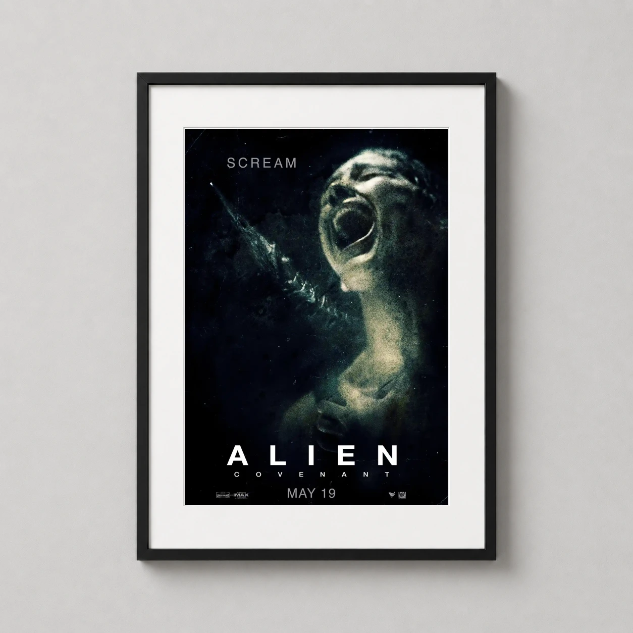 Alien Covenant Scream Teaser — grainy, desaturated green-tinted close-up of a character screaming in