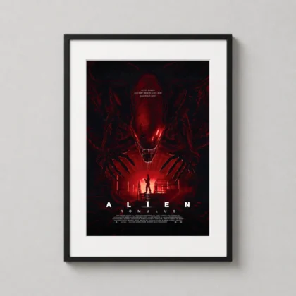 Alien 2024 Xenomorph Movie Poster showing towering Xenomorph looms over a lone survivor in this deep crimson Alien Romulus