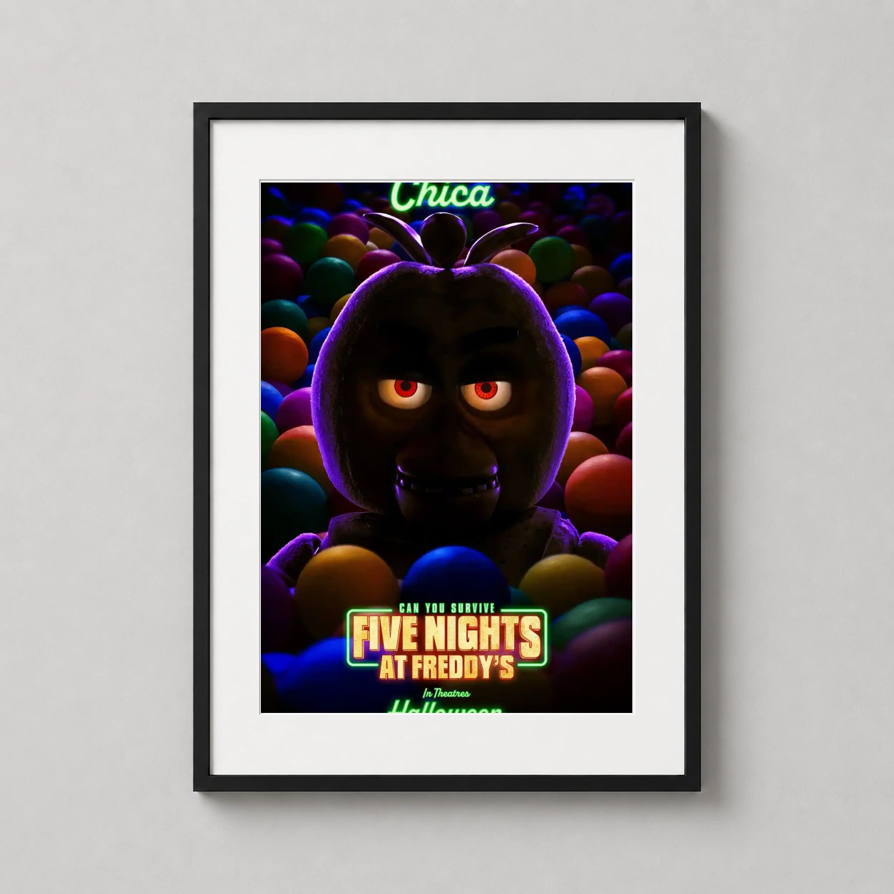 Chica Five Nights Freddy's — menacing Chica animatronic stares out from a sea of vibrant, shadowed