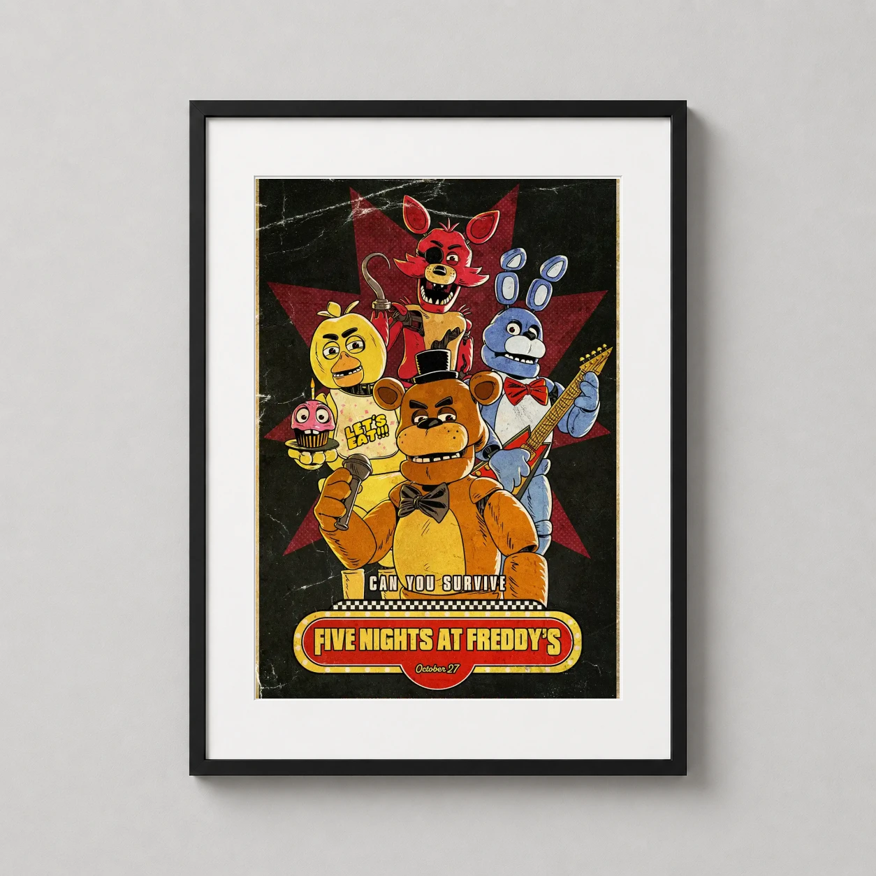 Five Nights Freddy's — retro-style graphic of Freddy Fazbear, Bonnie, Chica, and Foxy against