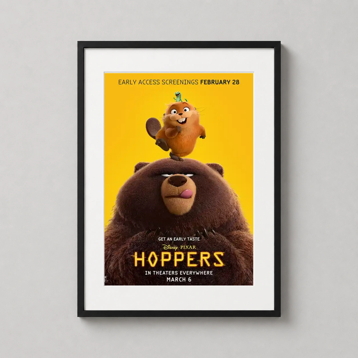 Hoppers — vibrant yellow Pixar Hoppers movie poster featuring a large brown bear