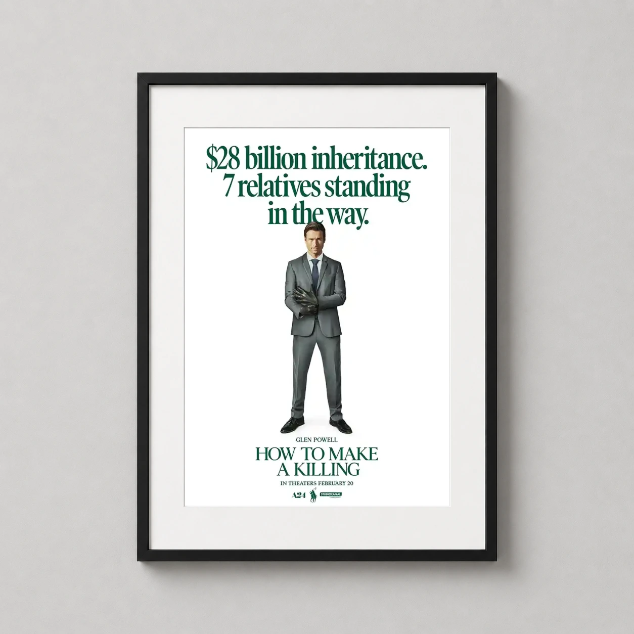 How Make Killing Glen — minimalist movie poster featuring Glen Powell in a gray suit with a
