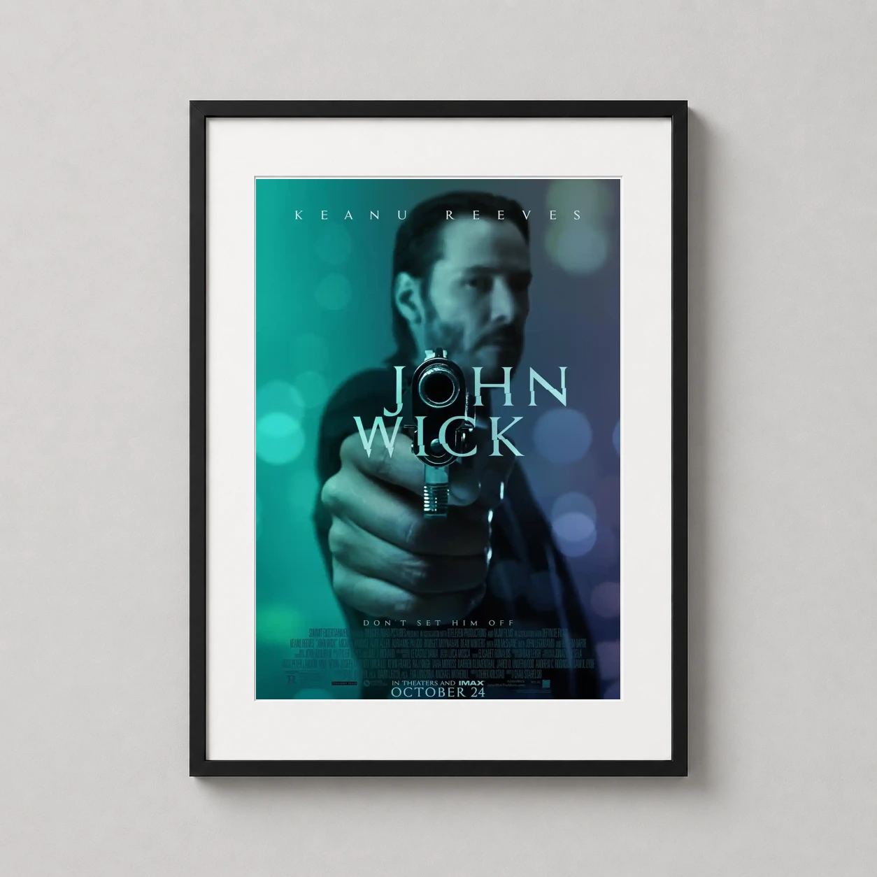 John Wick Keanu Reeves — moody cinematic poster featuring Keanu Reeves as John Wick aiming a