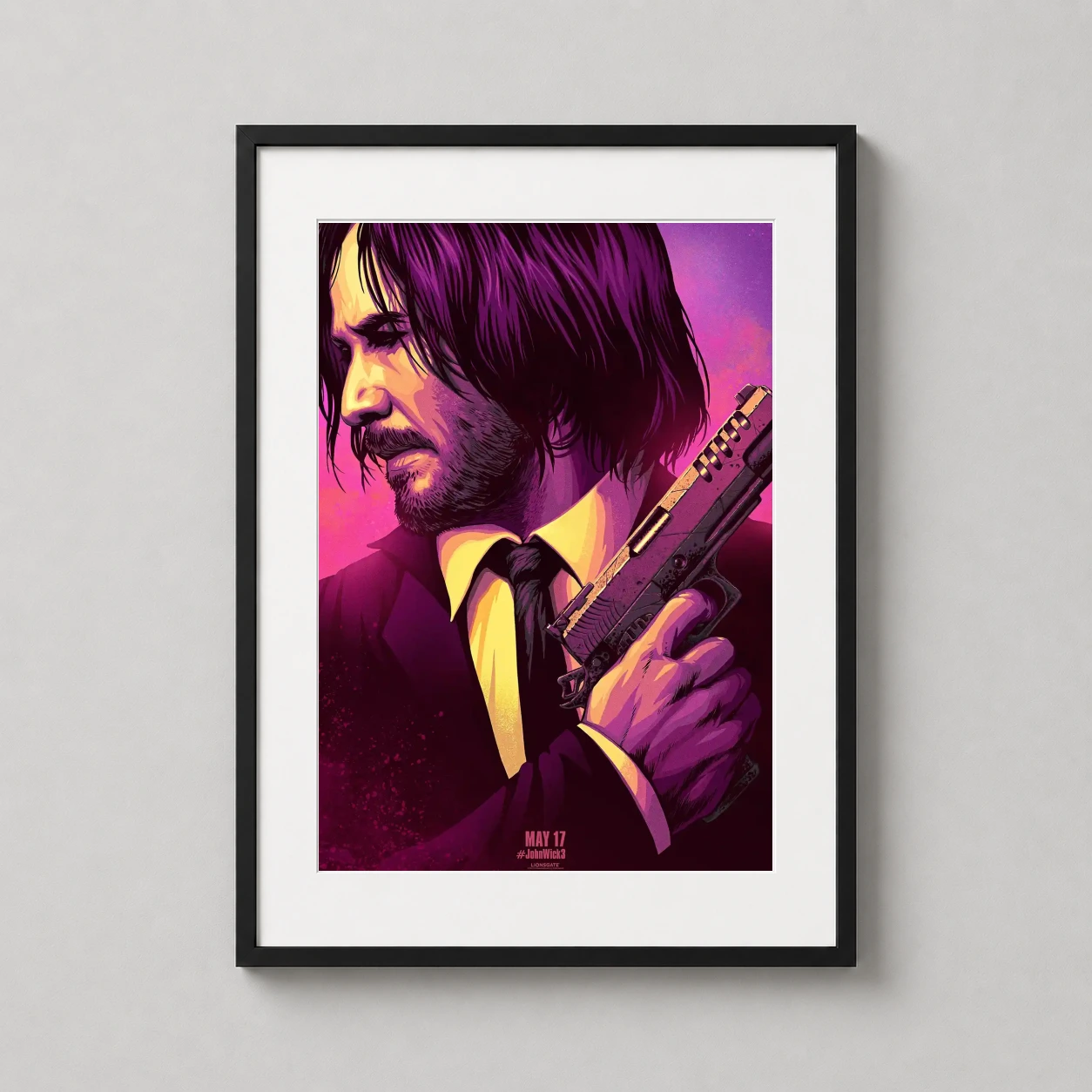 John Wick Parabellum Neon — vibrant neon-stylized portrait of John Wick holding a handgun against a