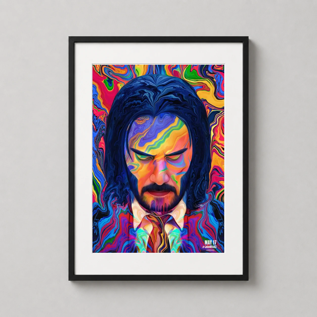 John Wick Parabellum Psychedelic — vibrant psychedelic fluid art portrait of John Wick featuring a