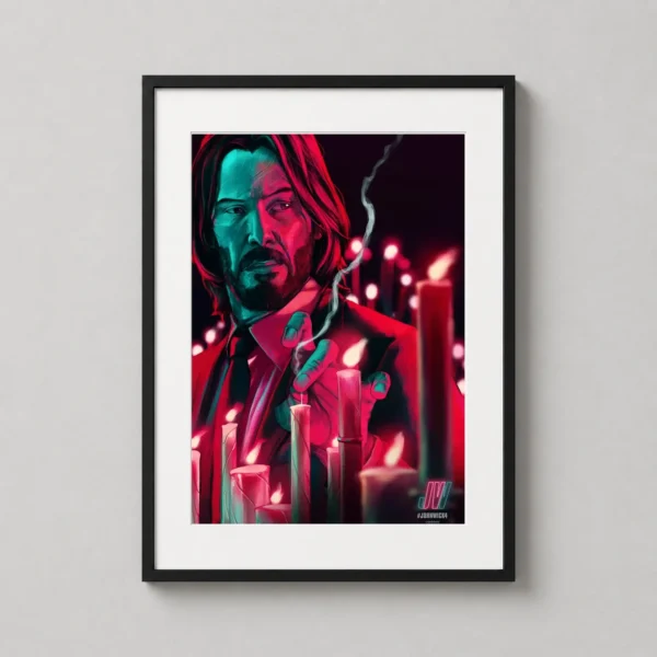 John Wick Chapter 4 Neon Cyan and Red Candle Movie Poster