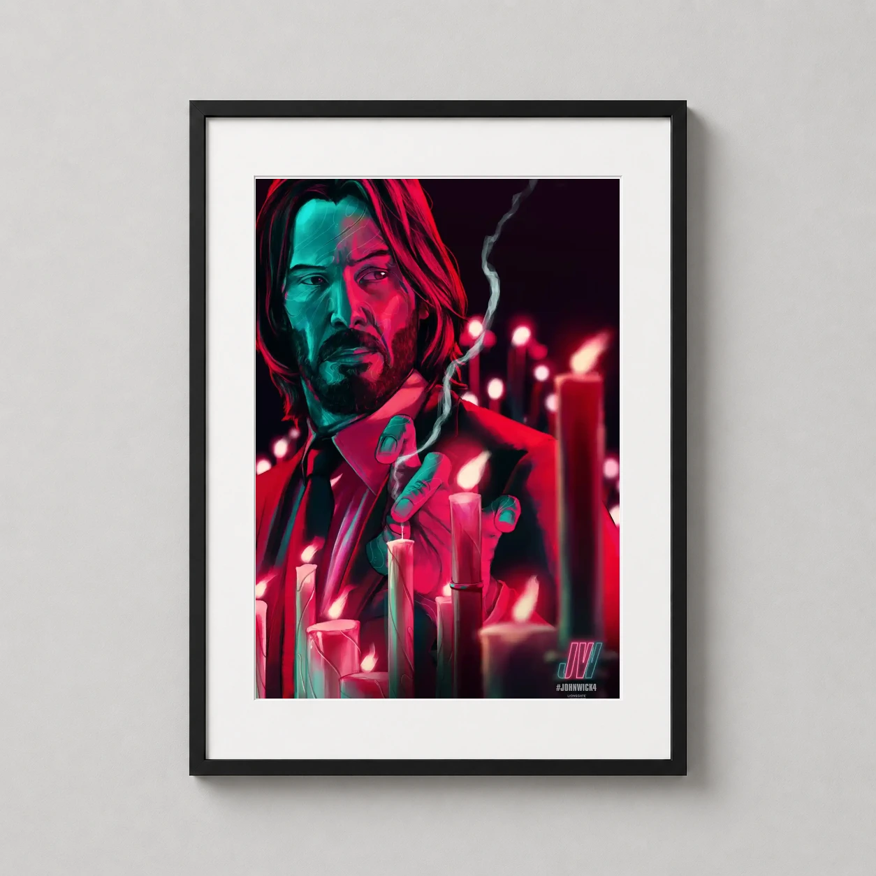 John Wick Chapter 4 — cinematic illustration of John Wick surrounded by glowing candles in a