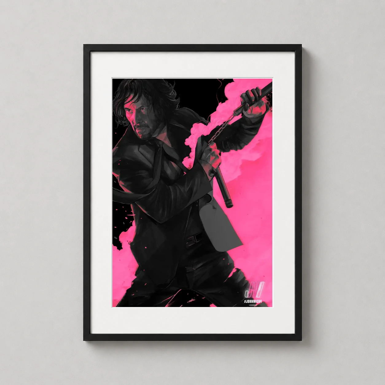 John Wick Chapter 4 — high-contrast graphic art print of John Wick wielding nunchucks against