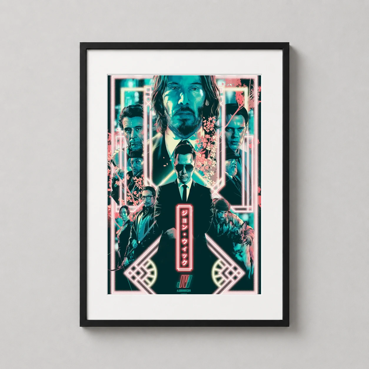 John Wick Chapter 4 — vibrant teal and pink neon illustration featuring Keanu Reeves as John