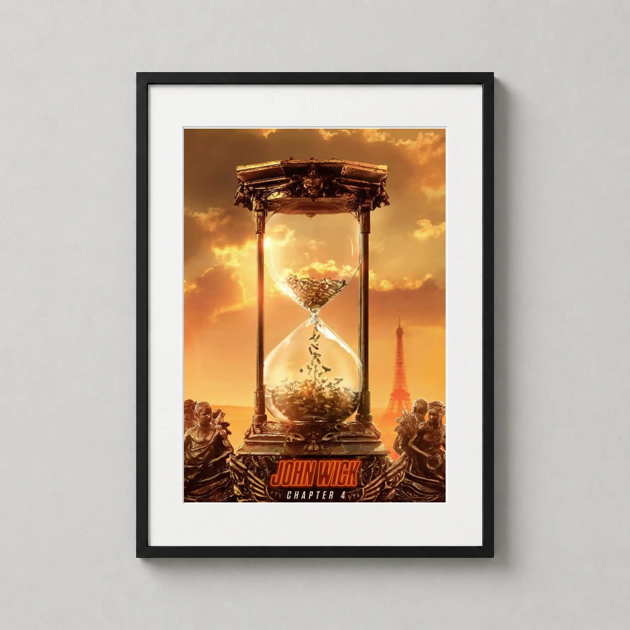 John Wick Chapter 4 — ornate golden hourglass filled with cascading bullet casings stands