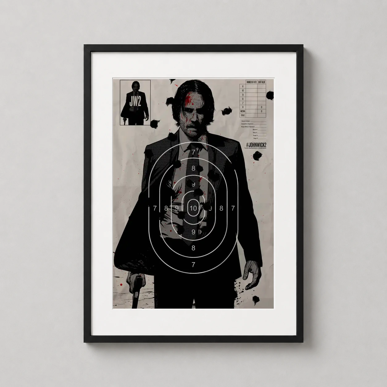 John Wick Chapter 2 — gritty high-contrast illustration of John Wick as a blood-splattered