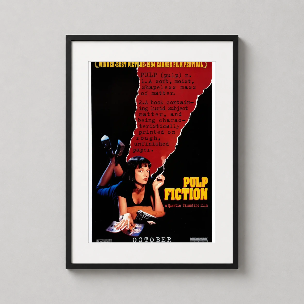 Room mockup of Pulp Fiction Mia Wallace Definition Art Movie Poster, displayed as framed wall art in a home theater setting as a portrait print.