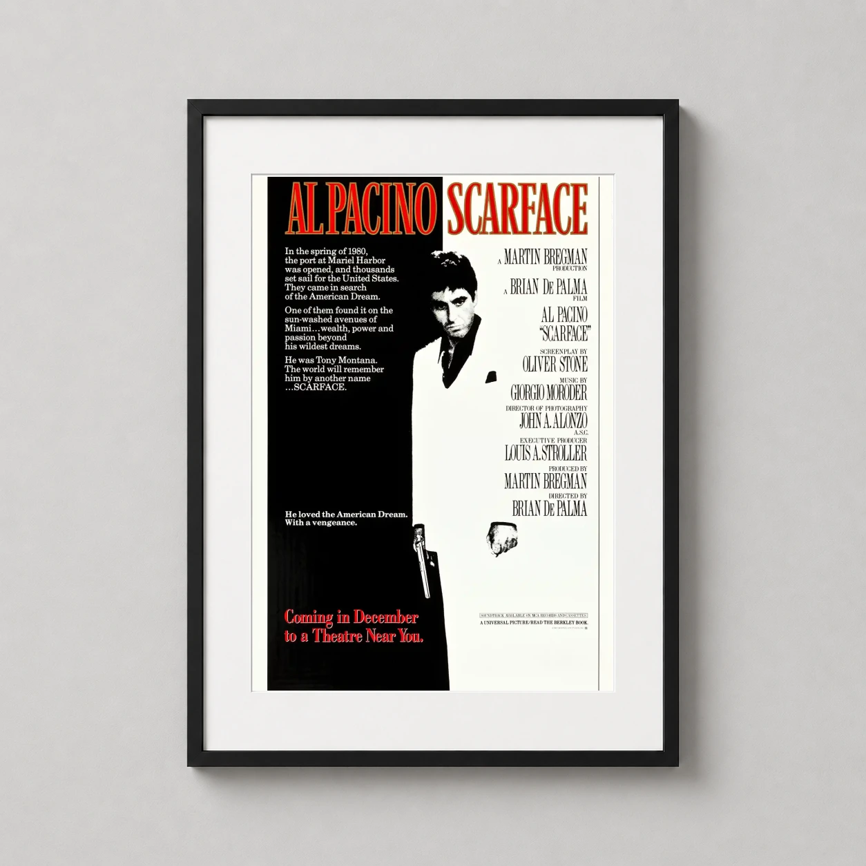 Scarface Al Pacino Tony — high-contrast black and white theatrical poster for the 1983 film