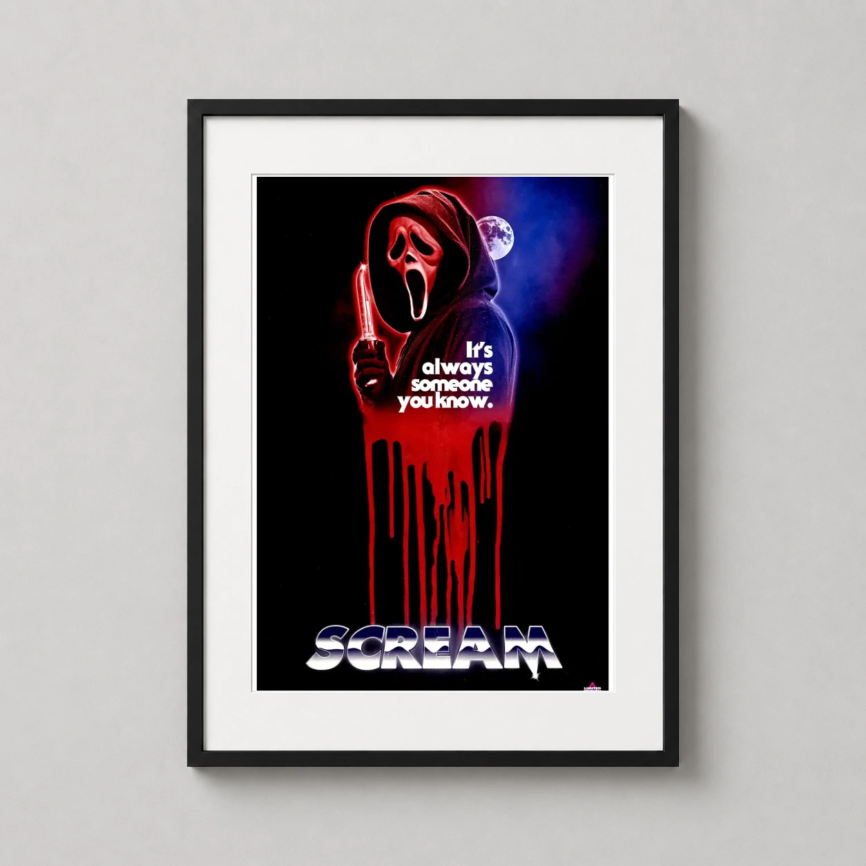 Room mockup of Scream 2022 Ghostface Killer Red Dripping Slasher Movie Poster, displayed as framed wall art in a home theater setting as a portrait print with blue and red tones.